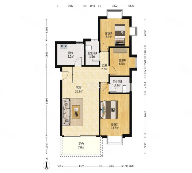 建设五马路35号大院3室2厅2卫100.46㎡南北720万