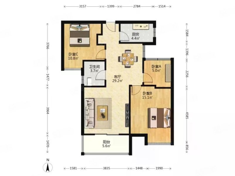 长航蓝晶国际B区3室2厅1卫92.29㎡南175万