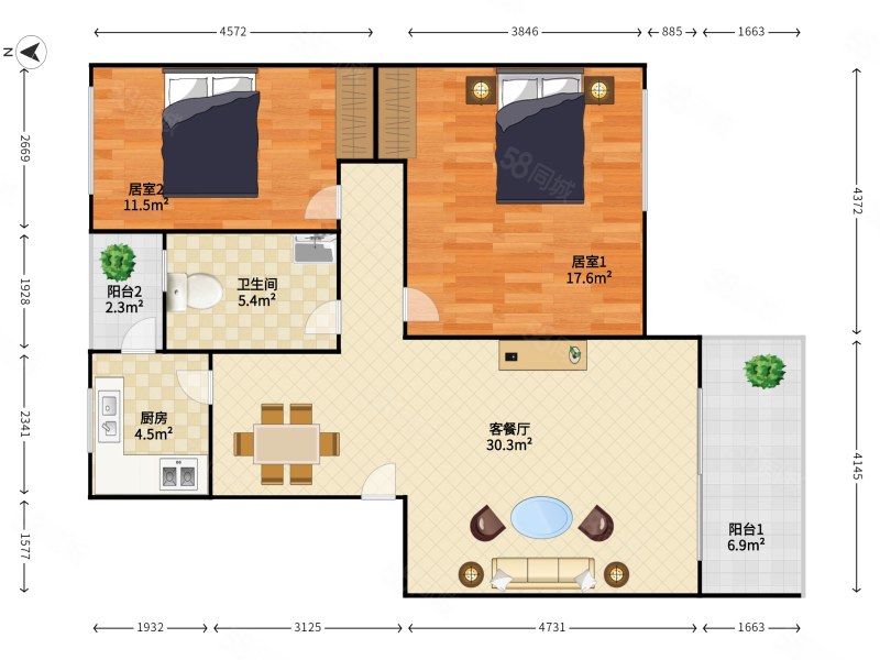 锦林新居2室2厅1卫78.63㎡南北448万