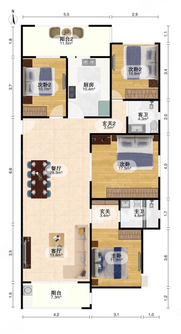 保利东湾国际3室2厅1卫116.2㎡南北155万