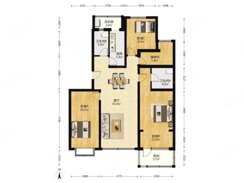 北街家园一区3室2厅2卫135.99㎡南北609万