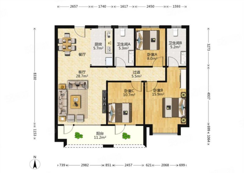 鑫苑花园3室2厅1卫138㎡南北89万