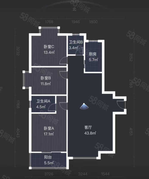 江林新城1期3室2厅2卫135.84㎡南北158万