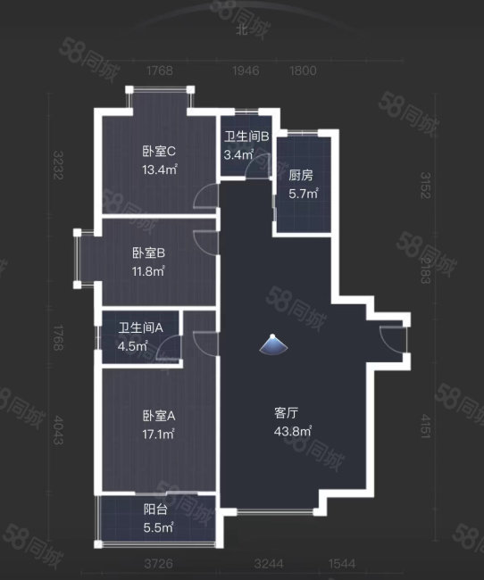 江林新城1期3室2厅2卫135.84㎡南北158万