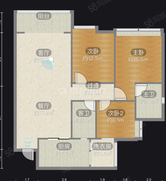 中天未来方舟E6组团3室2厅2卫110.69㎡南北98万