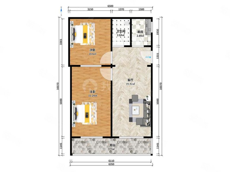 盛宇里2室1厅1卫68.52㎡南北106万