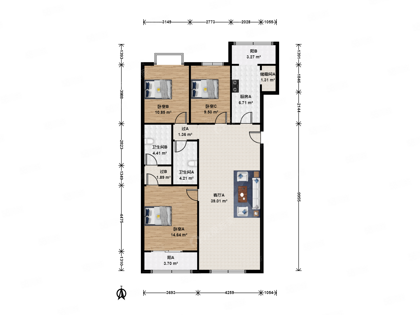 瑞新里小區(qū)3室2廳2衛(wèi)154.07㎡南北1266萬