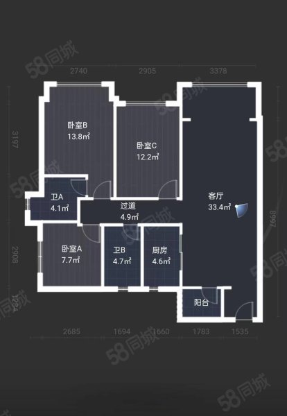 港宏世家3室2厅1卫88.96㎡东南102万