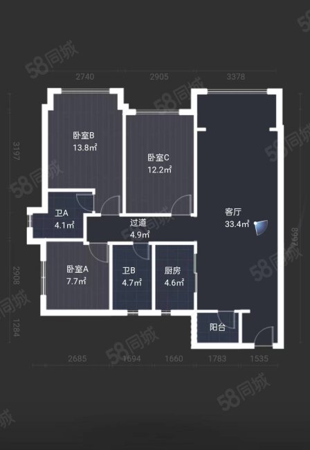 港宏世家3室2厅1卫88.96㎡东南102万