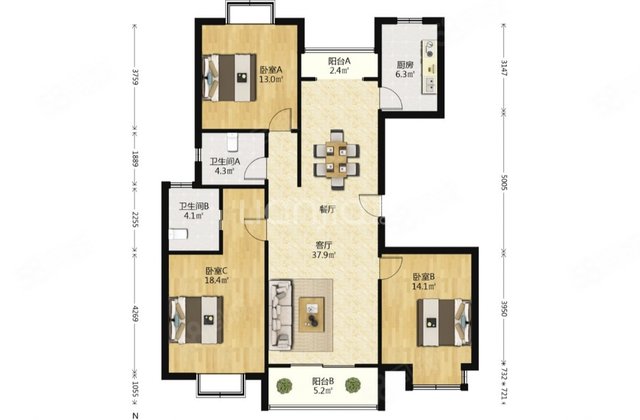 香江华廷花园3室2厅2卫140.98㎡南245万