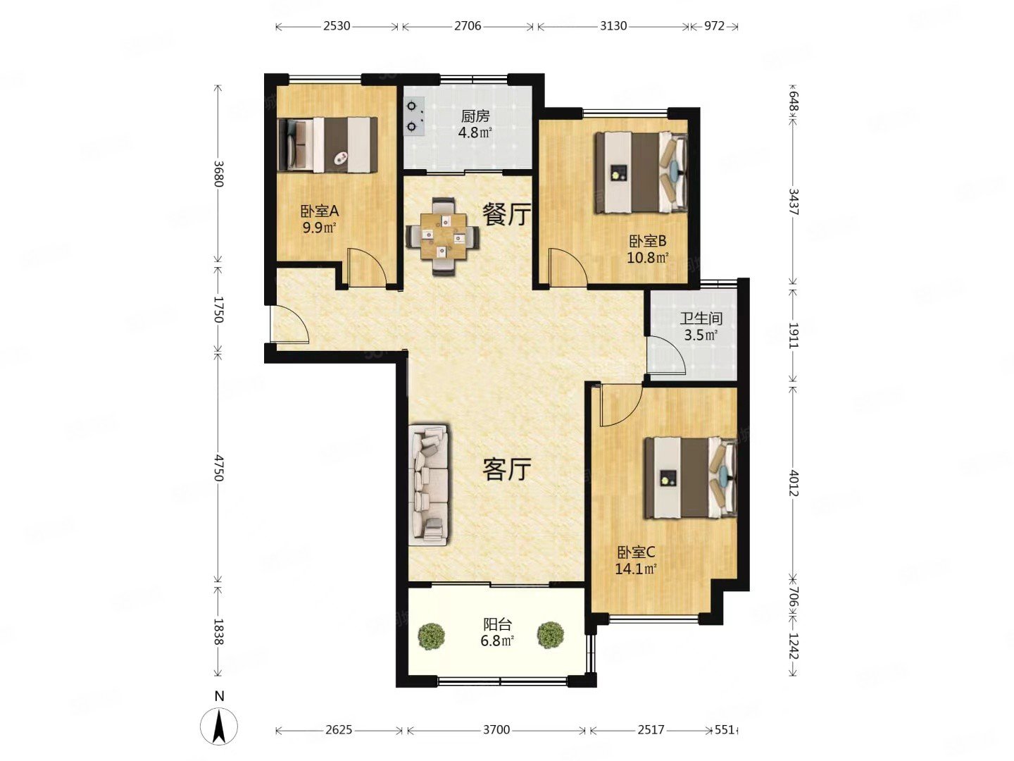 万达亲湖苑B区3室2厅1卫105.48㎡南180万