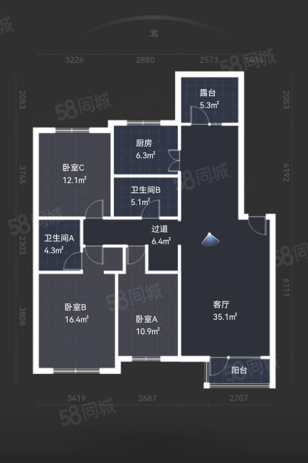 万科四季花城3室2厅2卫123.08㎡南北100万