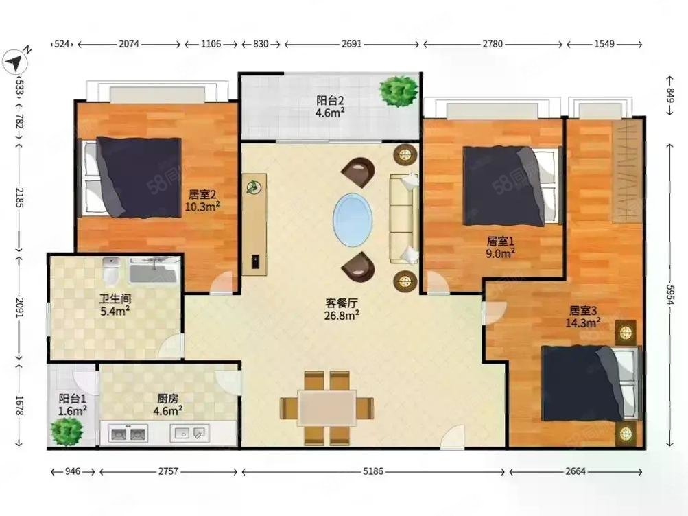 求富路花园3室2厅2卫91.4㎡南北45万