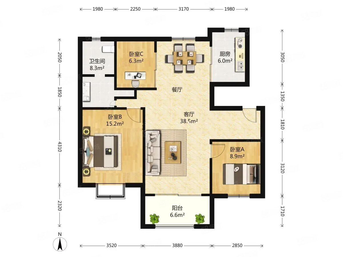 万科琥珀郡园(公寓住宅)3室2厅1卫114.84㎡南北625万