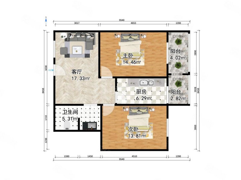 中山门西里2室1厅1卫77.91㎡南北155万