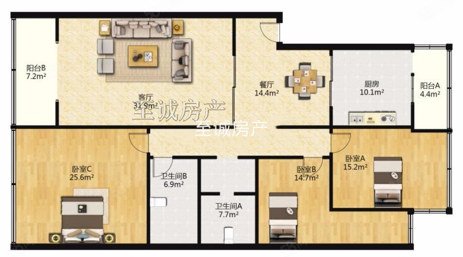泡桐树公寓3室2厅2卫157.51㎡南北400万