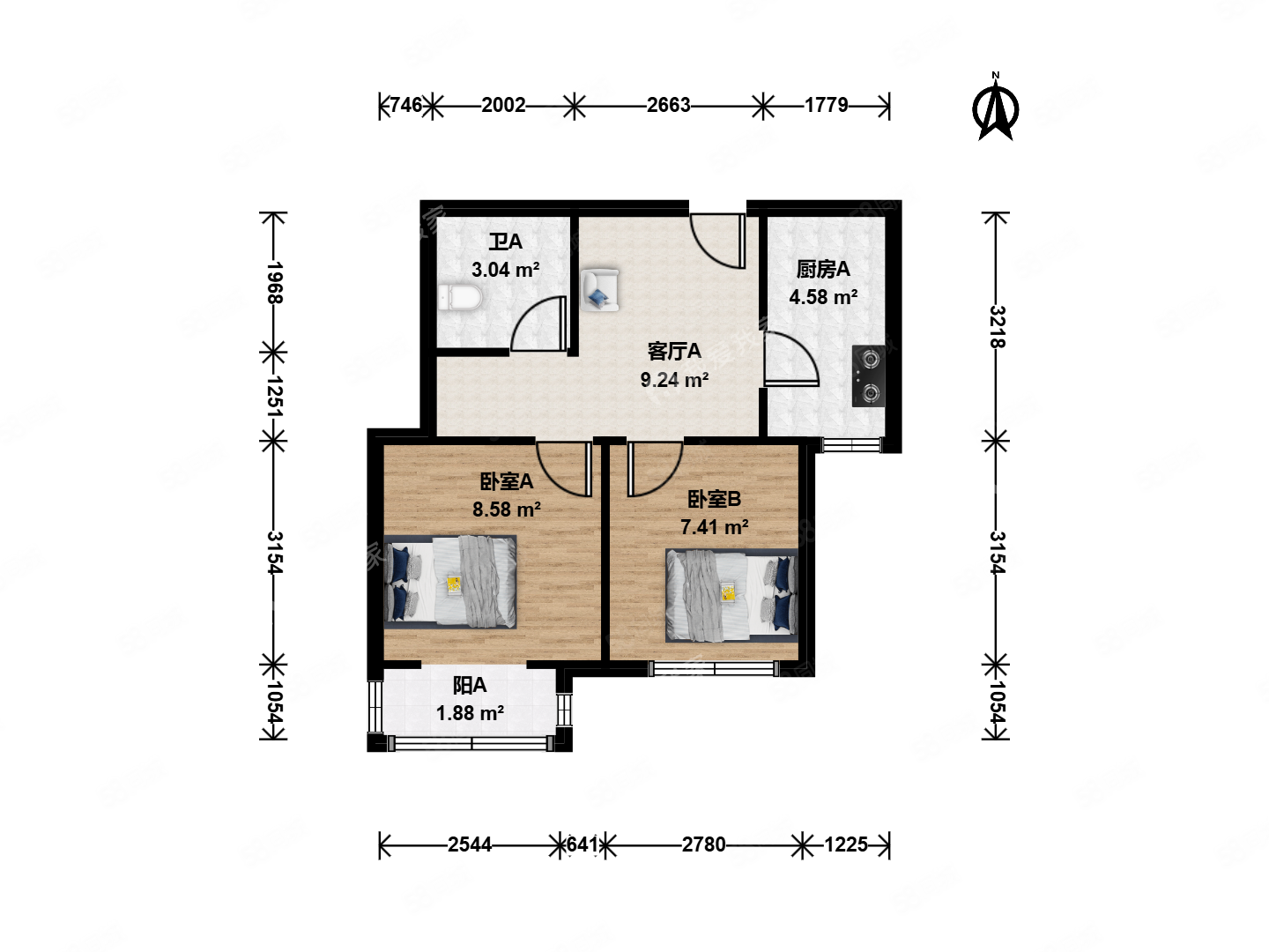 亞林西居住區(qū)2室1廳1衛(wèi)57.89㎡南388萬