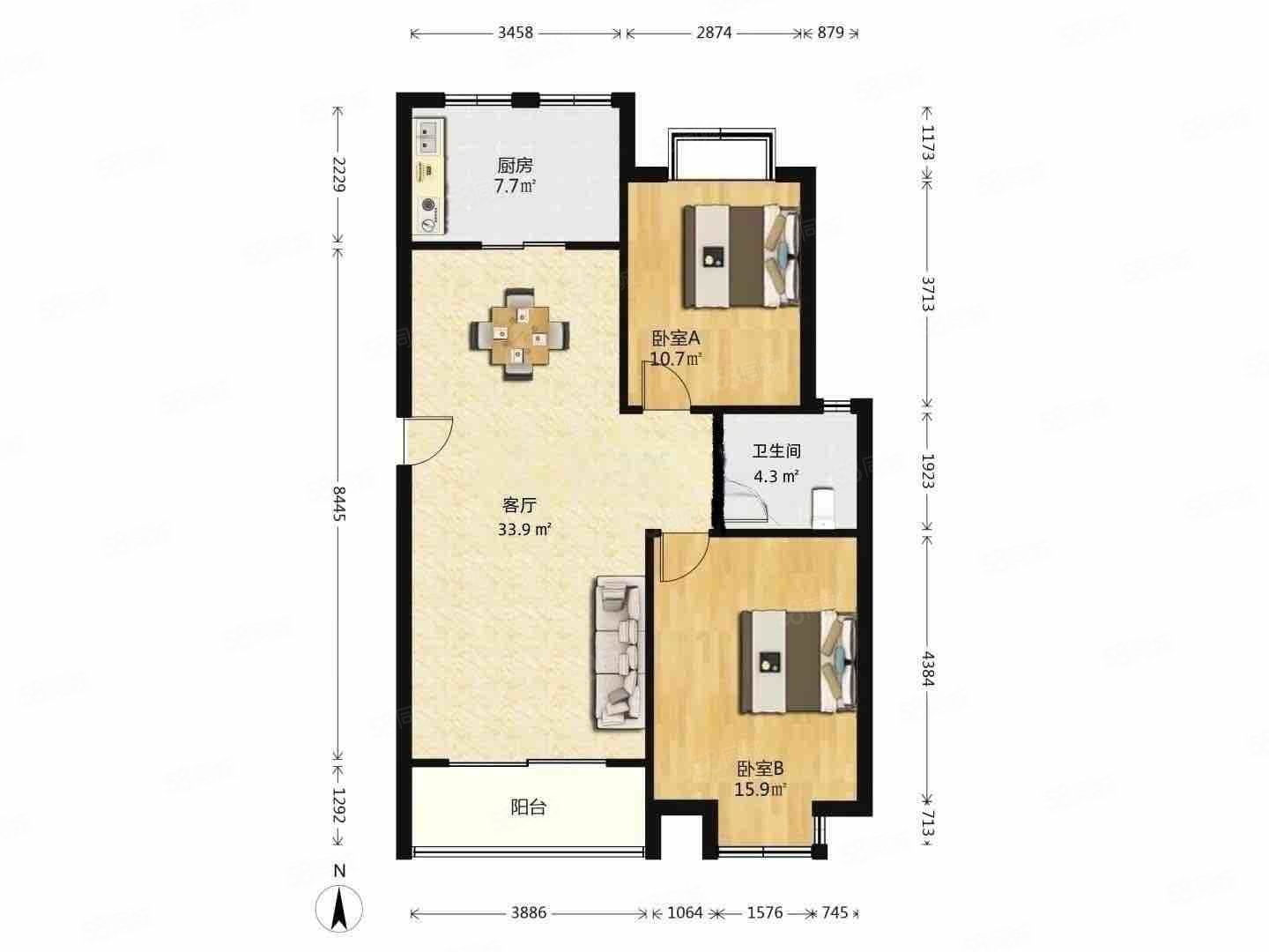 越湖名邸2室2厅1卫95.82㎡南北180万