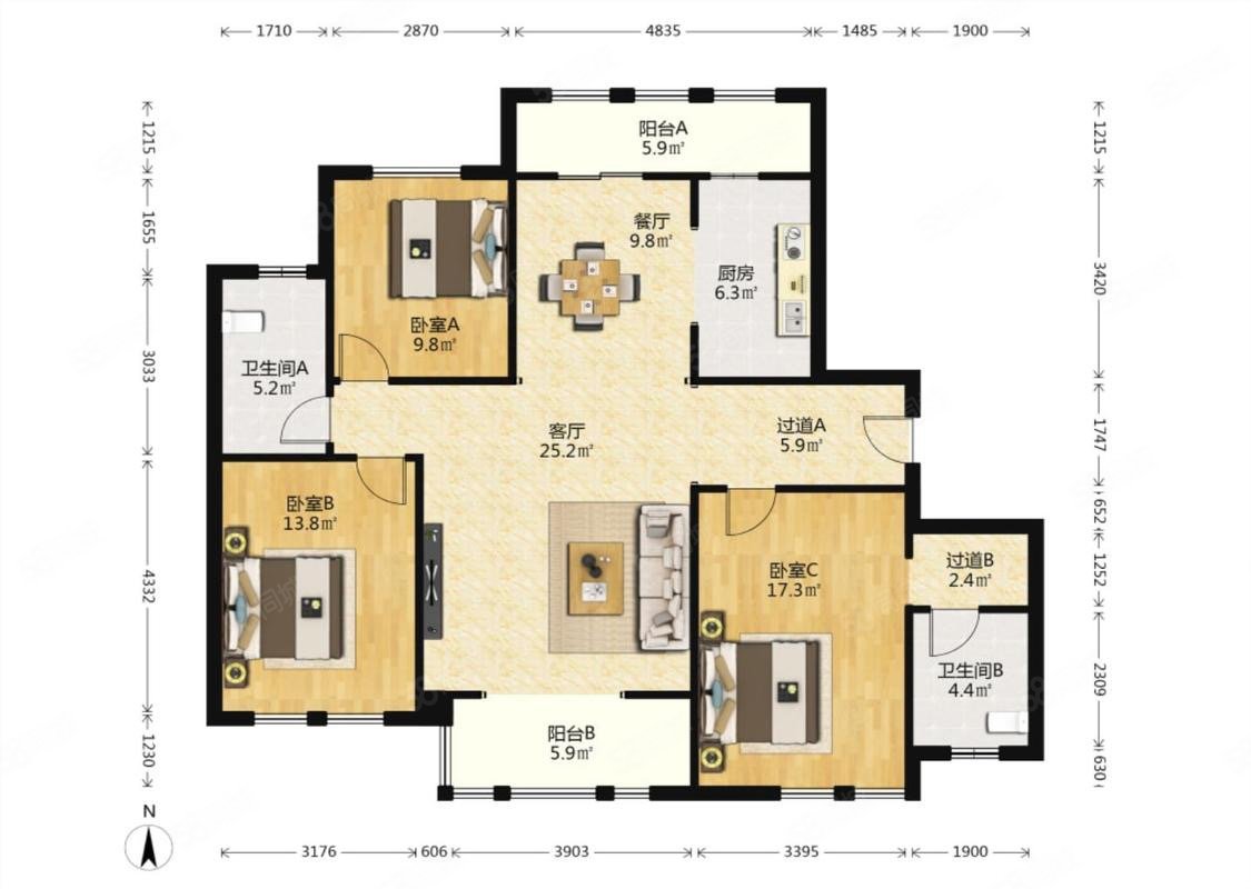 保亿风景御园3室2厅2卫154.63㎡南北299万