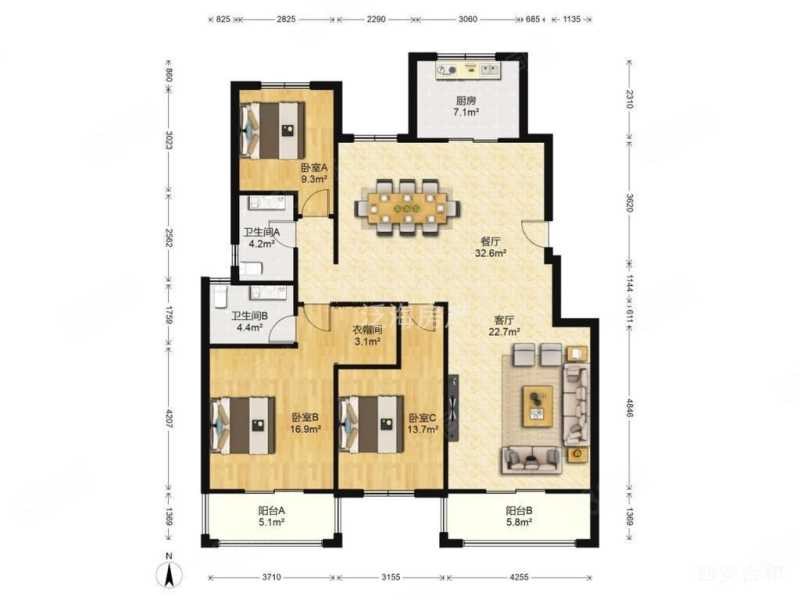 龙湖源著3室2厅2卫142.56㎡南385万