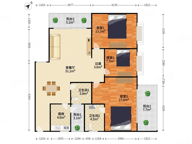现代城华庭3房2卫720低指导134w中楼层厅出阳台