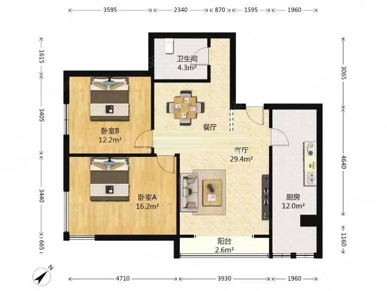 水星园2室2厅1卫104㎡南北980万