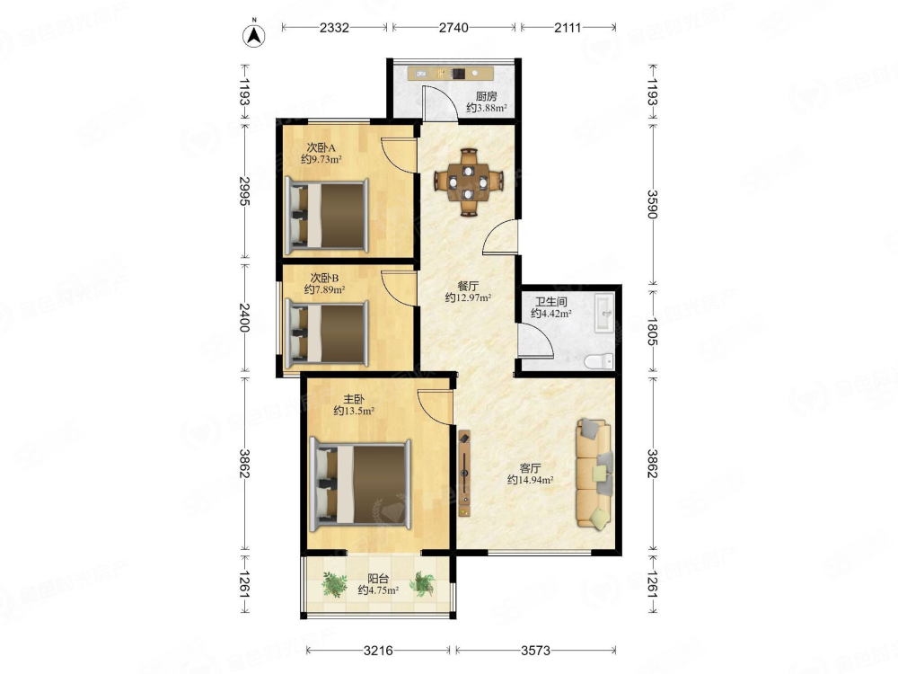 水色時光花園(五區(qū))3室1廳1衛(wèi)107.47㎡南北155萬