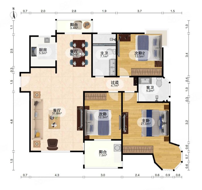 东方塞纳3室2厅2卫144.5㎡南北155万