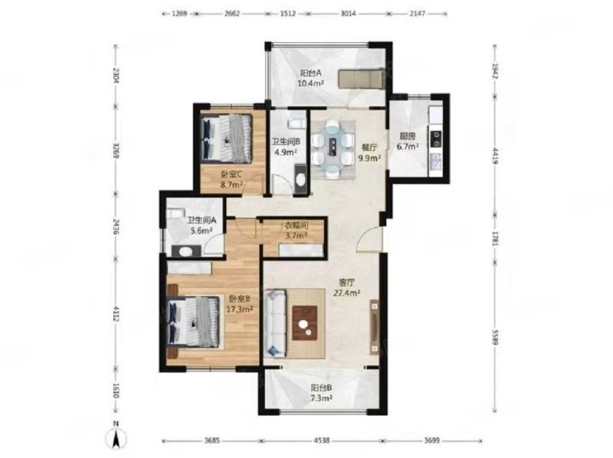 興創(chuàng)屹墅2室2廳2衛(wèi)147.73㎡南北1100萬(wàn)