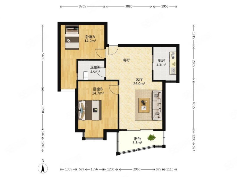 白马尊邸(公寓住宅)2室2厅1卫85.97㎡南北330万