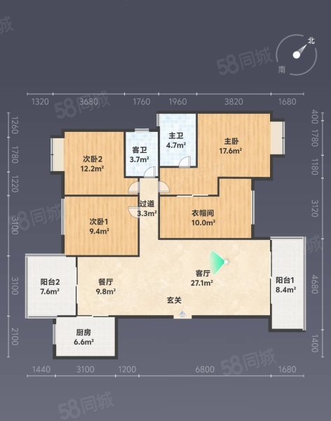 璟湖丹桂苑3室2厅2卫146㎡南北68万