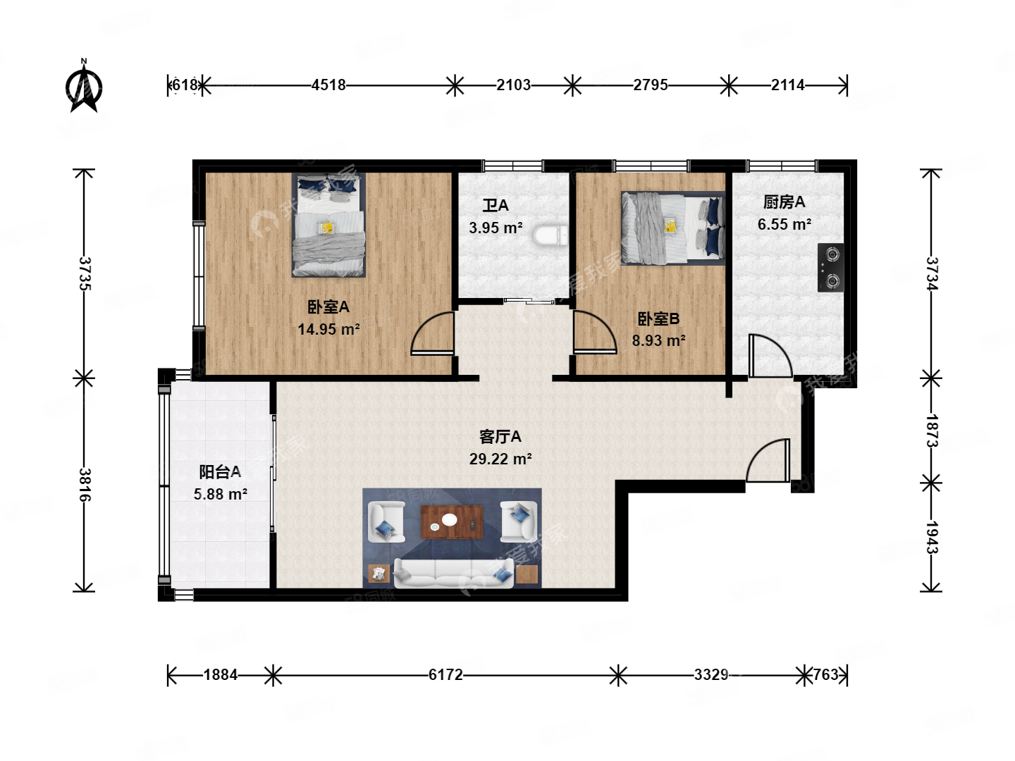慧時欣園2室1廳1衛(wèi)90.13㎡西北398萬