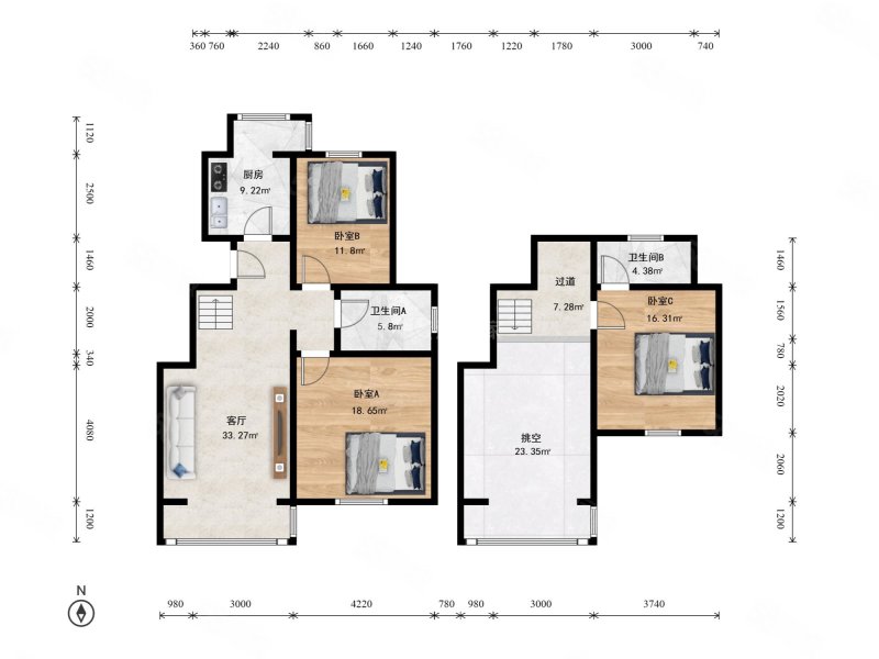 翠林漫步(北区)3室1厅2卫90.38㎡南北339万