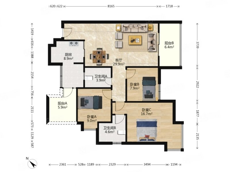 蓝溪谷地3室2厅2卫107㎡南北103万