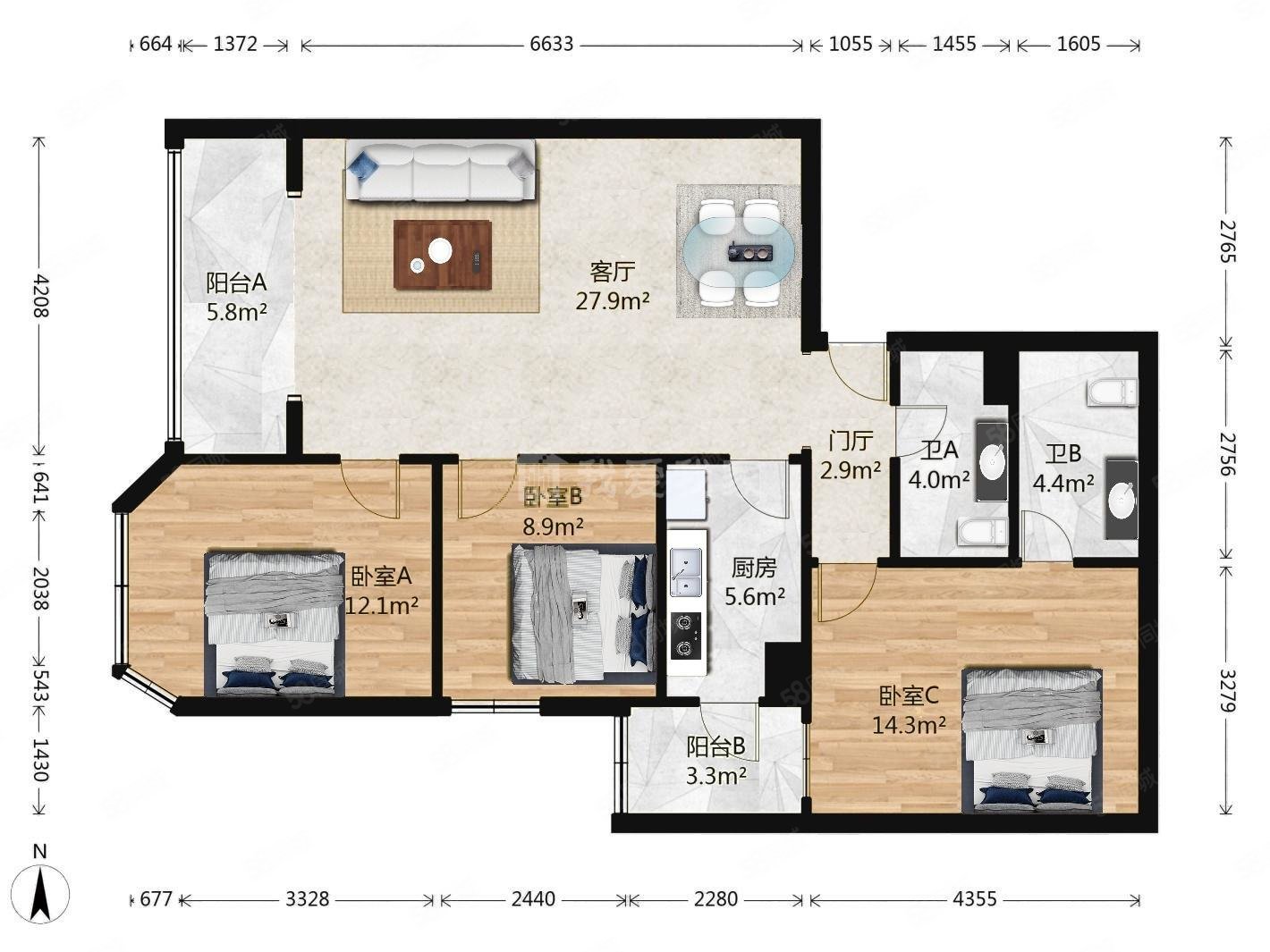 芳林苑3室1廳2衛(wèi)122.15㎡西南560萬(wàn)