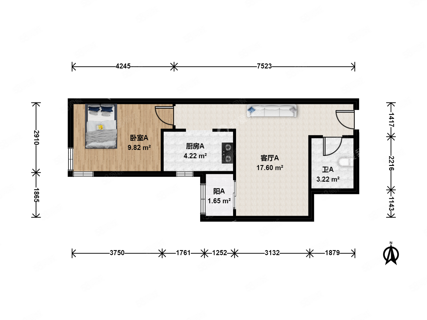 宋家莊家園1室1廳1衛(wèi)51.5㎡西南212萬