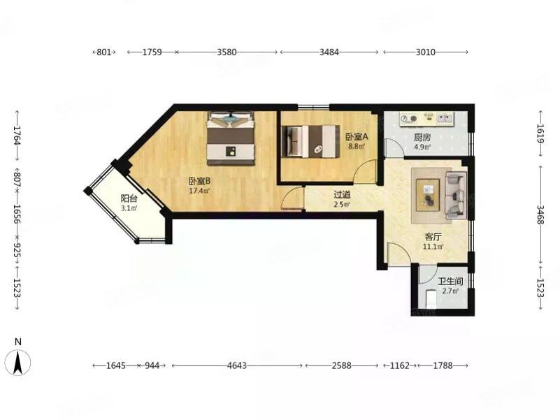 潘家園東里2室1廳1衛(wèi)72.74㎡西北338萬