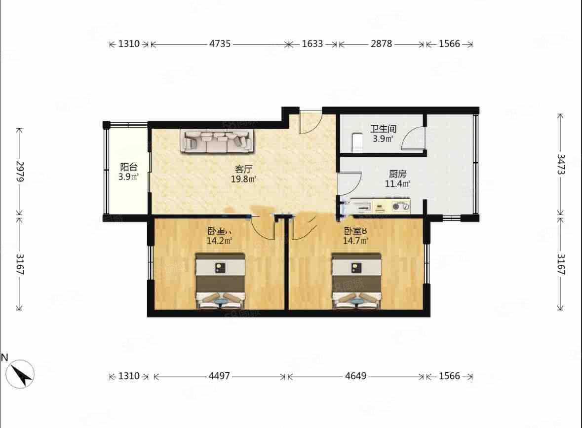 鼓楼北一街二巷子1号院2室2厅1卫74.5㎡南102万