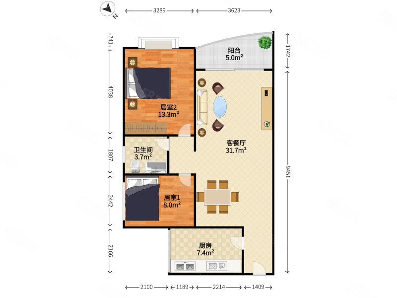 中南花园2室2厅1卫80.3㎡西南530万