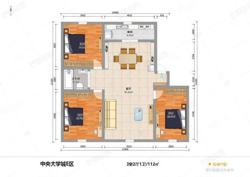 中央大学城3室2厅1卫111.66㎡南北68万