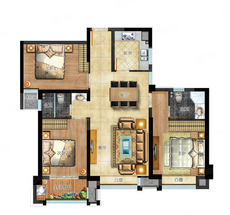 瑞海国府大院3室2厅2卫110㎡南北83万