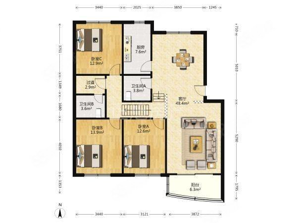 锦道华府3室2厅1卫120㎡南北47.8万