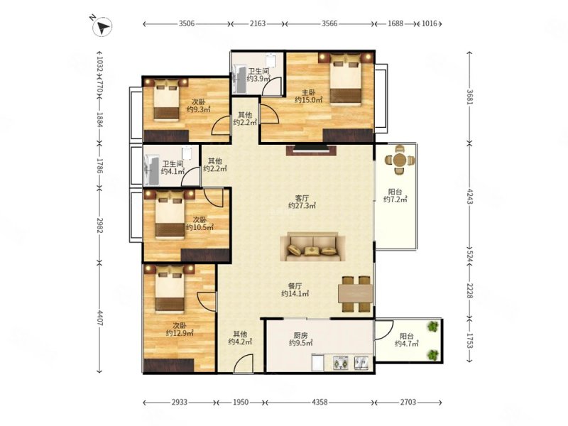 壹方中心4室2厅2卫148.1㎡南北2300万