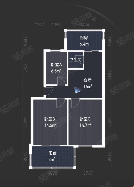 交通部第二公路工程局生活区3室2厅1卫75.78㎡南北90万