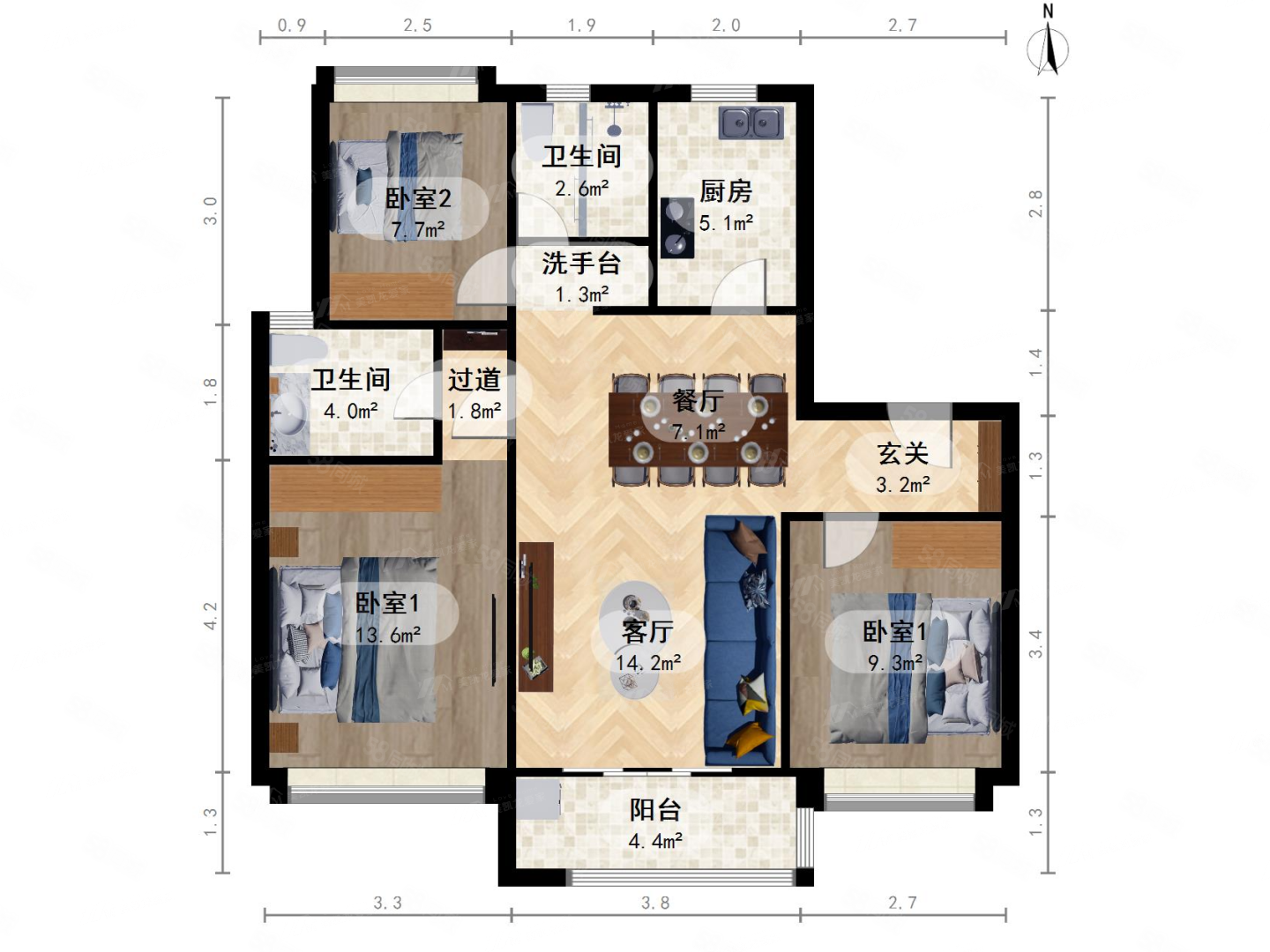 公元20403室2厅2卫95.8㎡南北480万