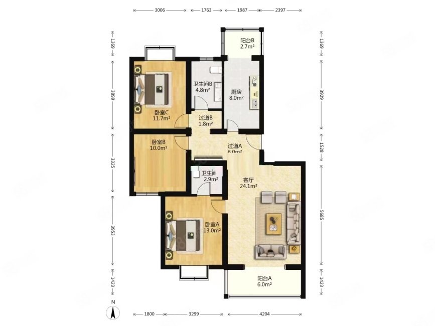 海子角綠色莊園3室1廳1衛(wèi)120.71㎡南北380萬(wàn)