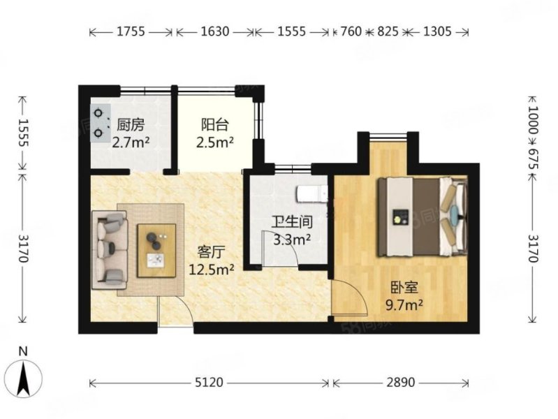 新旅城1室1厅1卫40.8㎡北72万