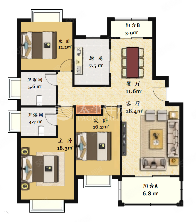 绿地崴廉公寓3室2厅2卫144.9㎡南北899万