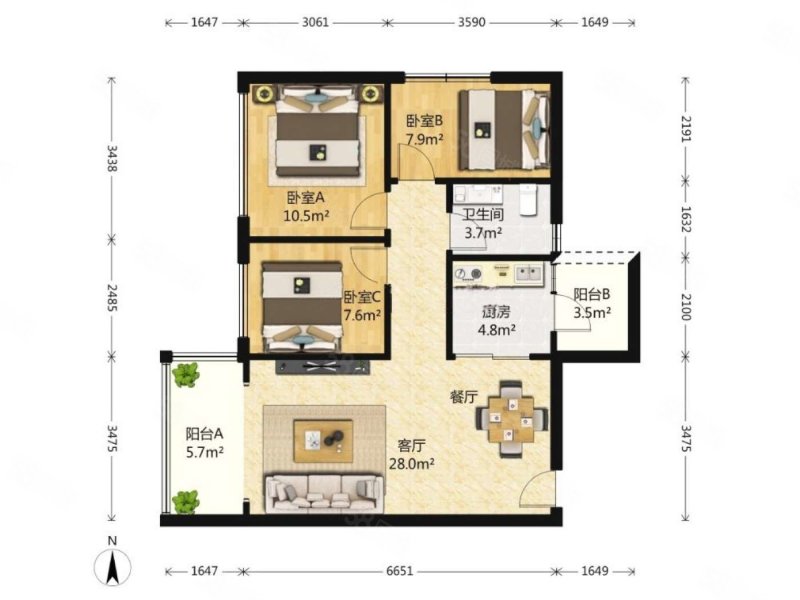 恒大绿洲3室2厅1卫92.5㎡西北105万