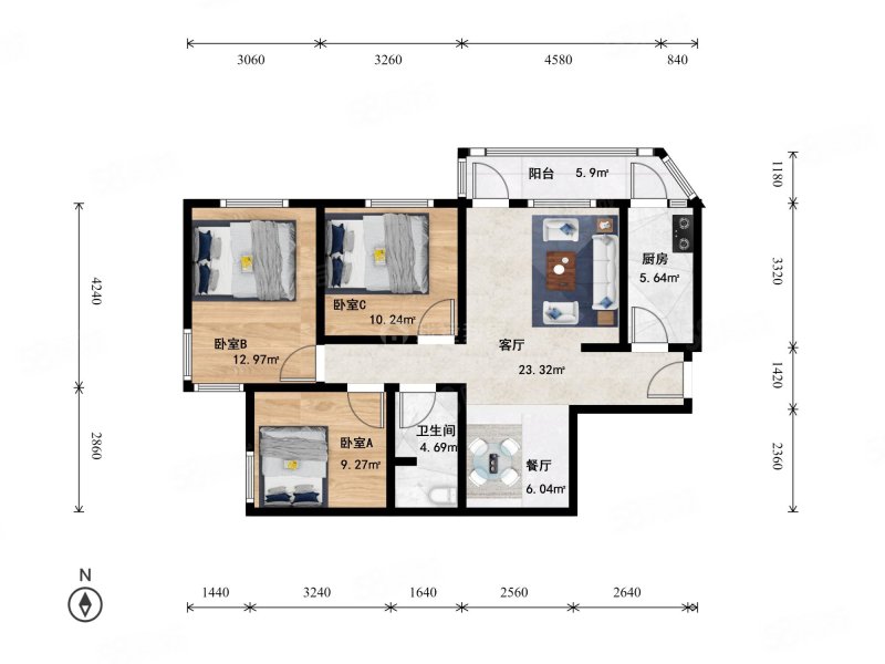 铁建集团住宅小区3室2厅1卫100.7㎡西南898万